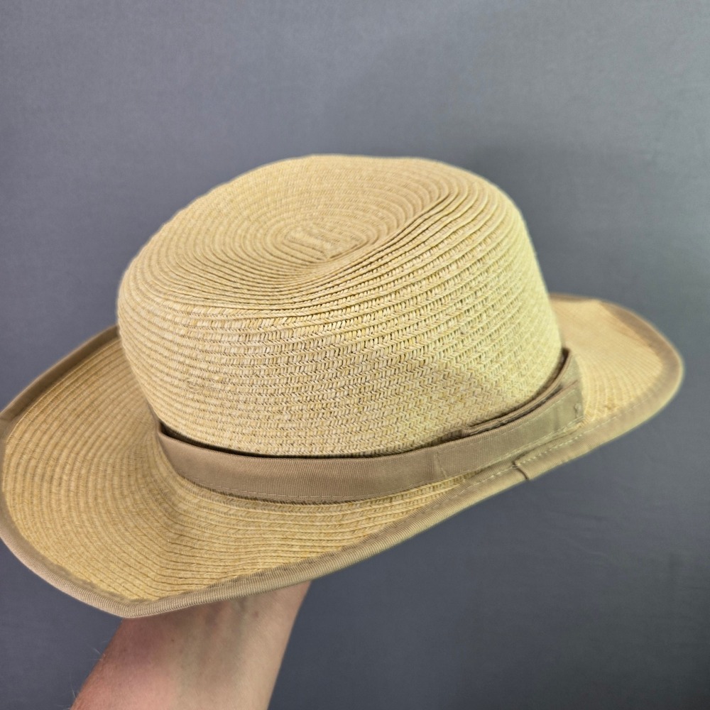 Scala Studio Sun Hat Paper Braid Wide Brim OS Tan Grosgrain Ribbon Beach Vintage